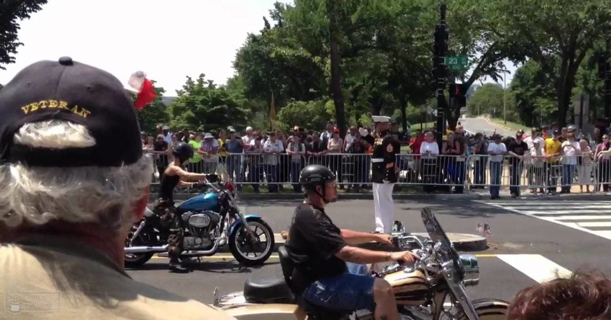 A parade scene in an urban area with diverse participants on motorcycles and a large crowd behind barriers, lush green trees lining the background under bright daylight.