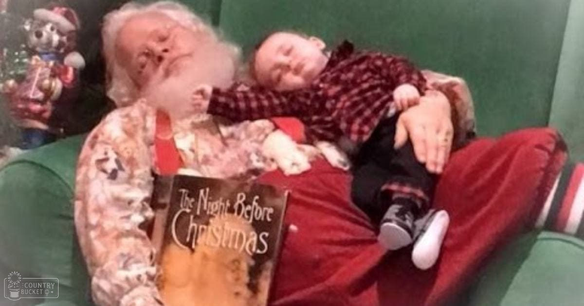 A child sleeping with Santa Claus in a Christmas setting, with a traditional red and white Santa outfit holding 'The Night Before Christmas' book.
