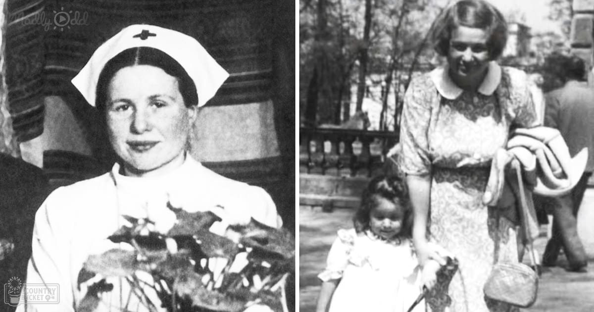 A young adult female nurse in an outdoor setting with trees and possibly a building in the background, wearing a white nurse's uniform; alongside middle-aged and toddler females in white dresses, carrying accessories. Natural light suggests daytime during spring or summer.