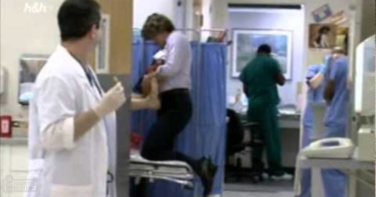 An adult male doctor wearing a white lab coat, holding a syringe; an adult female with a child in a hospital setting.