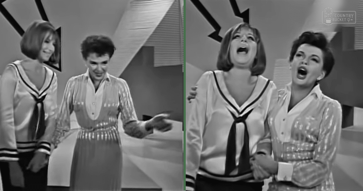 A young adult female in a school uniform-style blouse stands on stage with an adult male in a shiny sequined dress shirt and another adult female in a similar blouse, all against a modernist set design.
