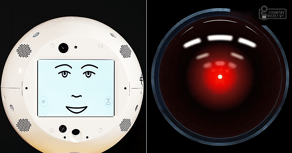 Two spherical smart devices, one white with a smiling face display and multiple small holes, another glowing red with light patterns, set against dark backgrounds in an indoor environment.