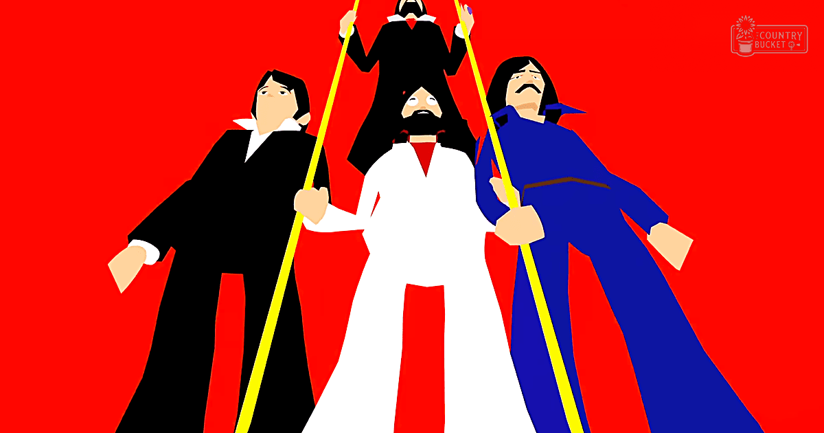 Four stylized individuals in formal attire, each holding a yellow staff or cane against a red background; studio lighting suggests an indoor setting.