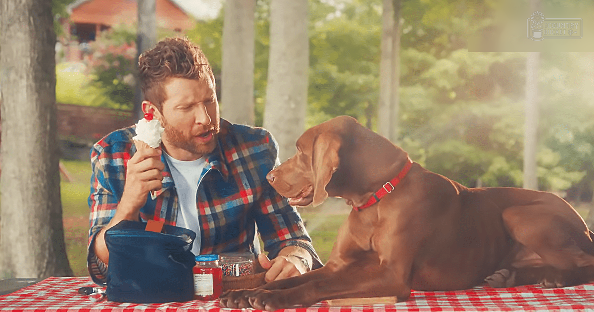 Adult male with dog in park setting, red checkered blanket, late afternoon light