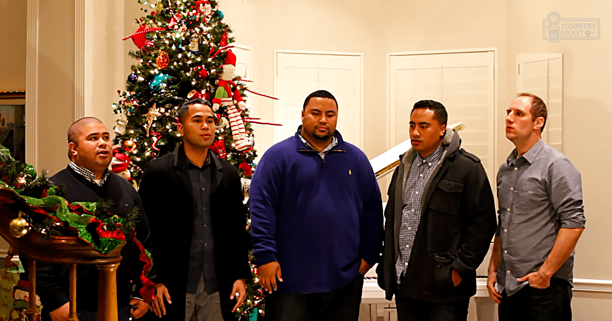 A group of adult males in front of a decorated Christmas tree indoors with holiday decorations, furniture, and artificial lighting suggesting evening or night.