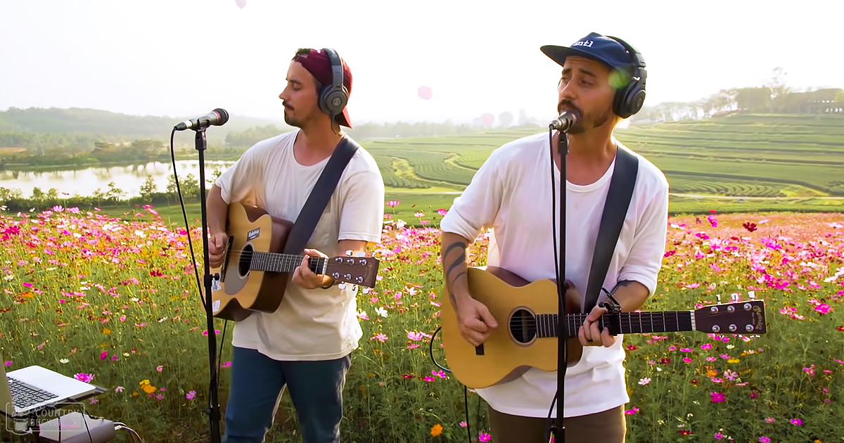 Two young adult male musicians perform outdoors in a scenic field with rolling hills and water, surrounded by blooming flowers at either early morning or late afternoon.