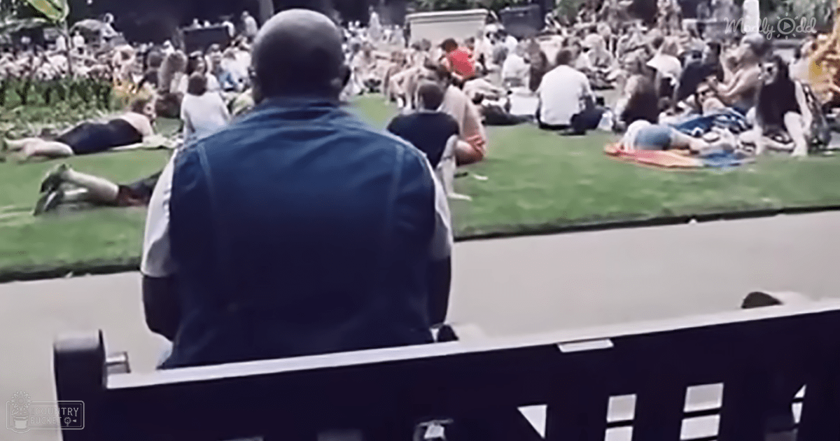 Adult male sitting on a bench with young adult male and middle-aged female in an outdoor public space, spring or summer day under natural sunlight.