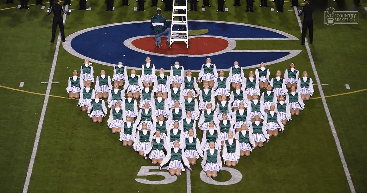 A cheerleading team performing at an indoor sports arena with young adult females wearing white tops, green vests, and knee-length skirts; a white ladder and blue-red logo are visible in the background.