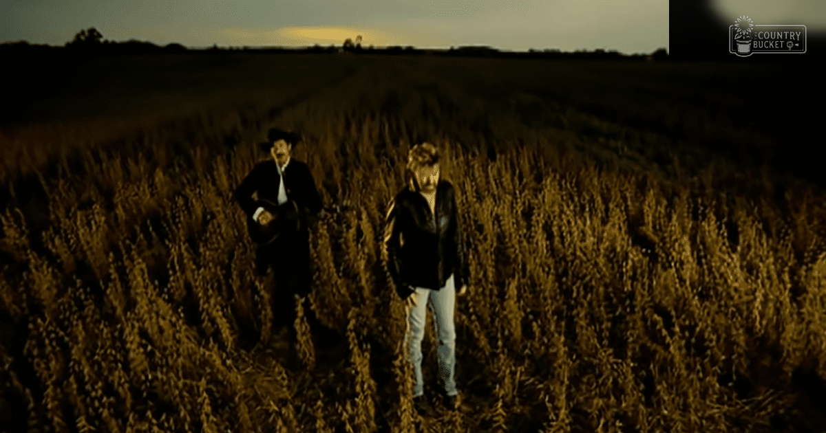 Two individuals in an open rural field with tall grasses and warm lighting at early morning or late evening.