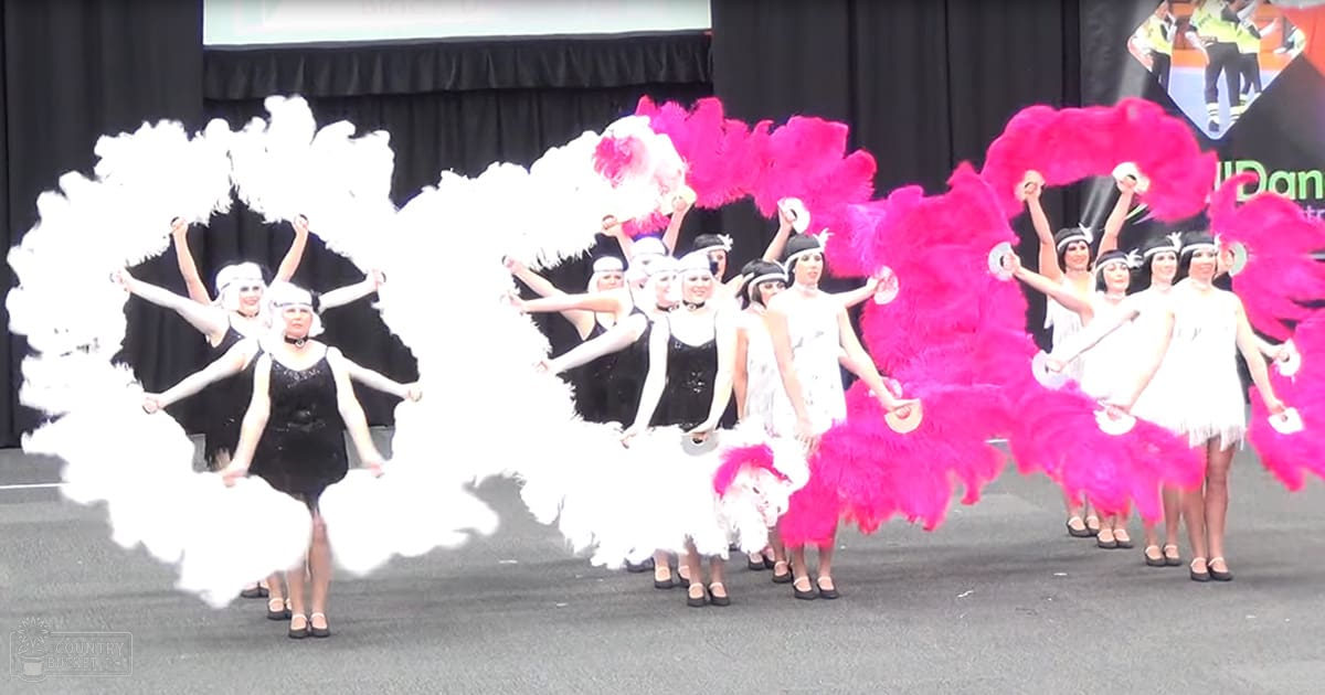 Young adult female dancers in flapper-style dresses perform on a stage with white and pink plumes, set against black curtains under bright indoor lighting.