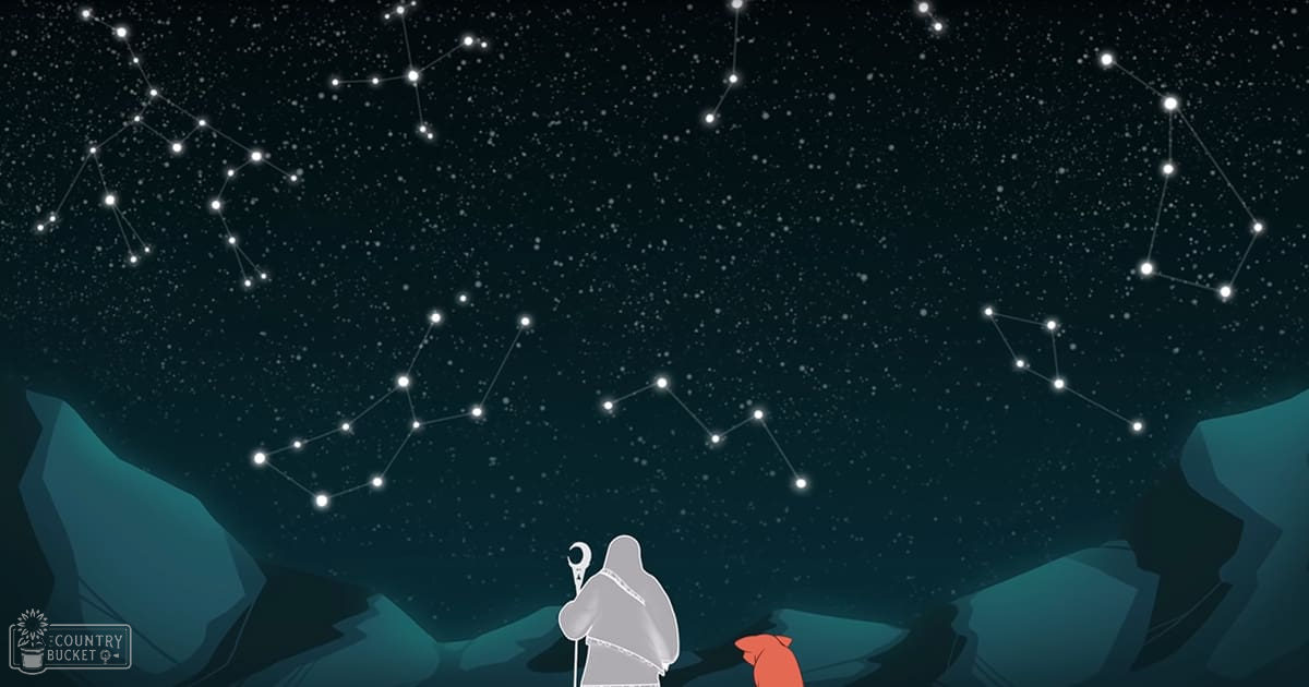 A silhouette of an adult male and a child against a starry night sky with a small orange dog near them, outdoors on a rocky landscape at night.