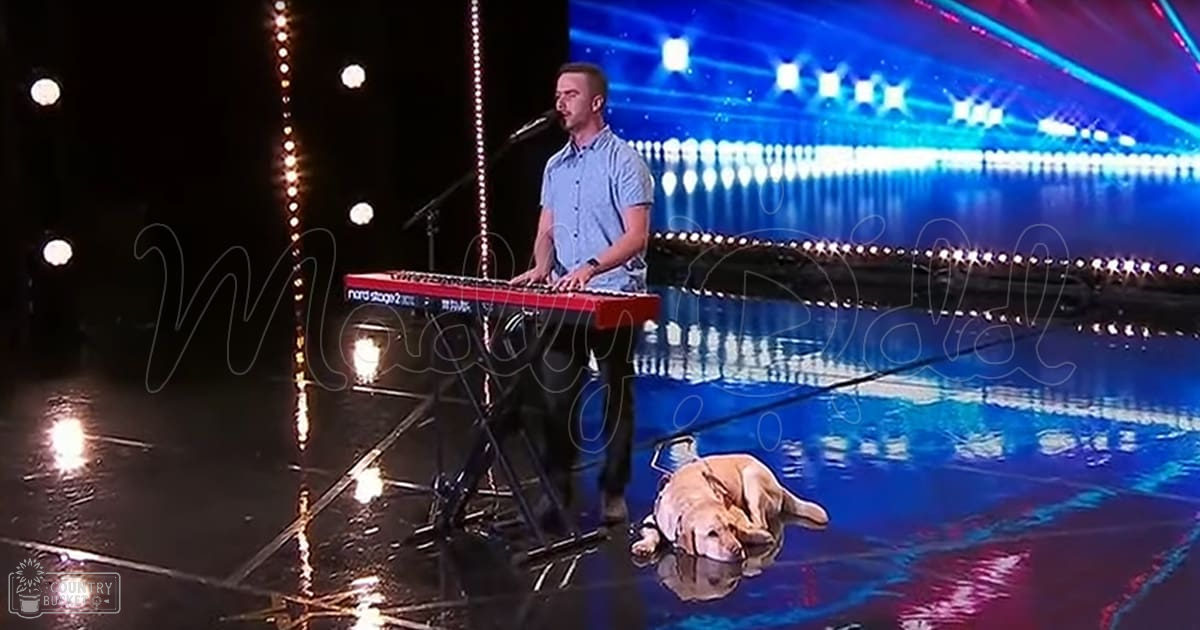Adult male playing keyboard on stage with golden retriever lying nearby, well-lit indoor talent show setting with reflective stage floor and bright lights