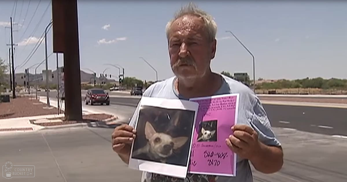 Older adult male holding photograph and pink sign in suburban outdoor area, partly cloudy sky suggesting late spring or early summer day