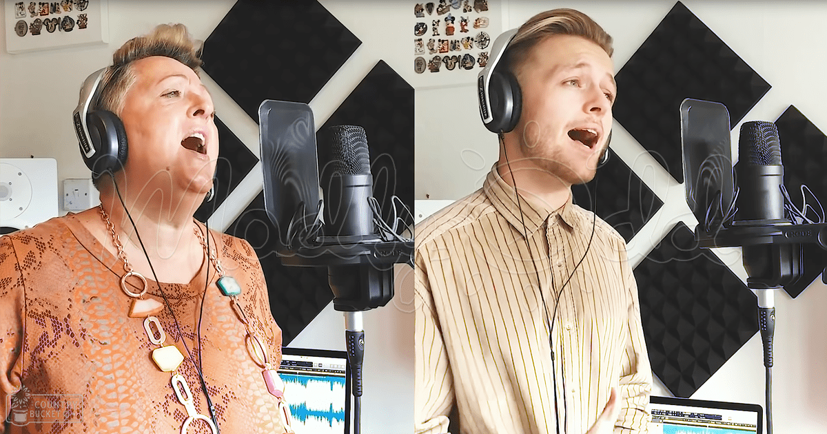 Two individuals in a recording studio, one wearing a brown patterned top with a textured design and large colorful pendants, another in a light-colored vertically striped button-up shirt.
