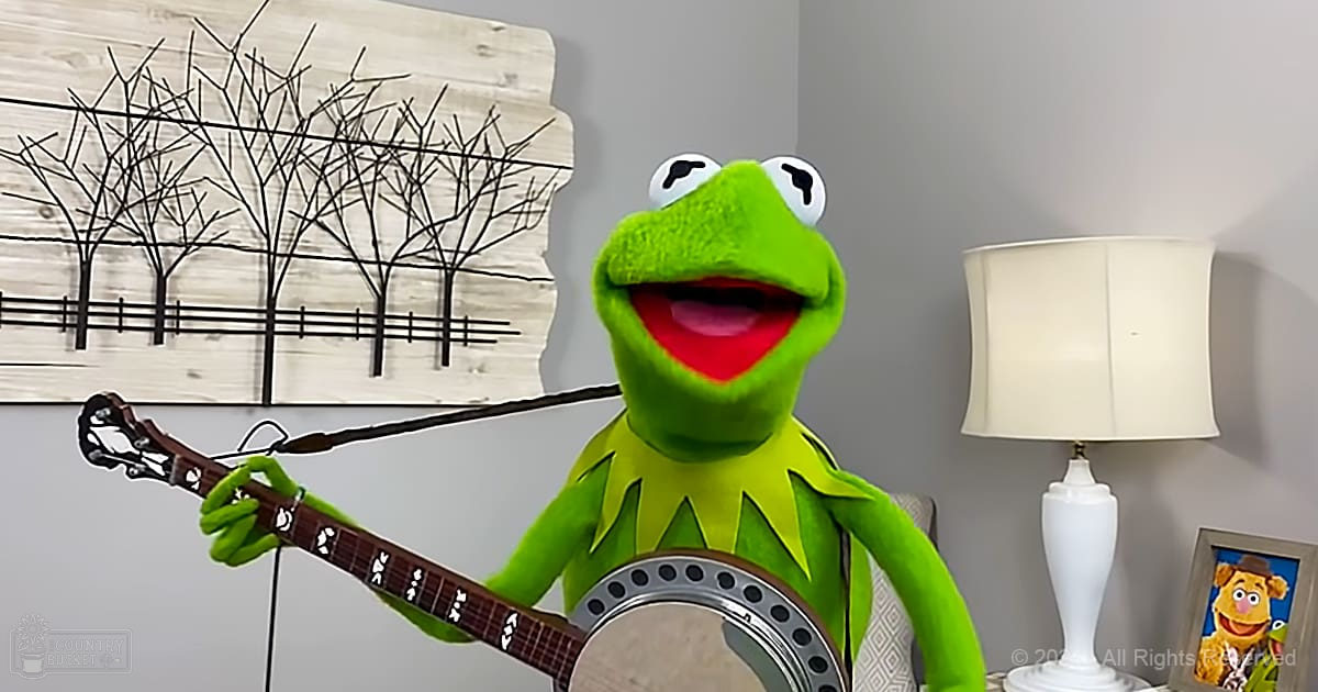 Kermit the Frog puppet in a cozy indoor room with winter or early spring tree artwork, neutral walls, and daytime lighting.