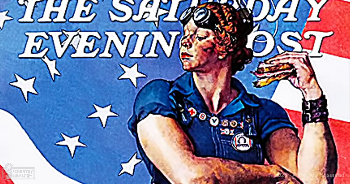 A woman in a relaxed dark blue denim work shirt with short sleeves, holding a sandwich or burger, wearing a black wristband, set against an American flag background with 'THE SATURDAY EVENING POST' text at the top of a cover illustration.