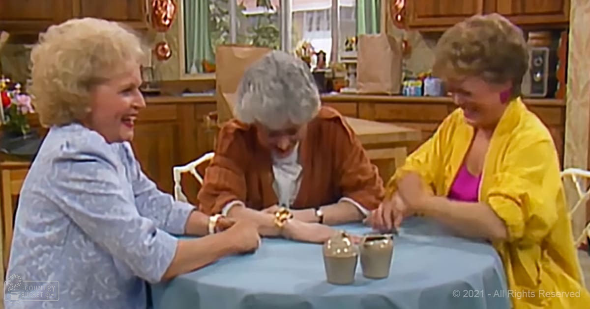 Three older adult female characters seated at a wooden table with various items and plants, suggesting an indoor setting during spring or summer.