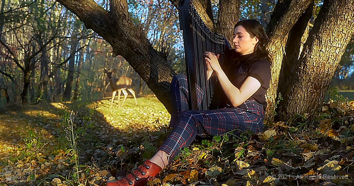 A young adult female plays a black harp in an autumn forest setting with long shadows and fallen leaves. A white-tailed deer is nearby, blending into the natural environment.