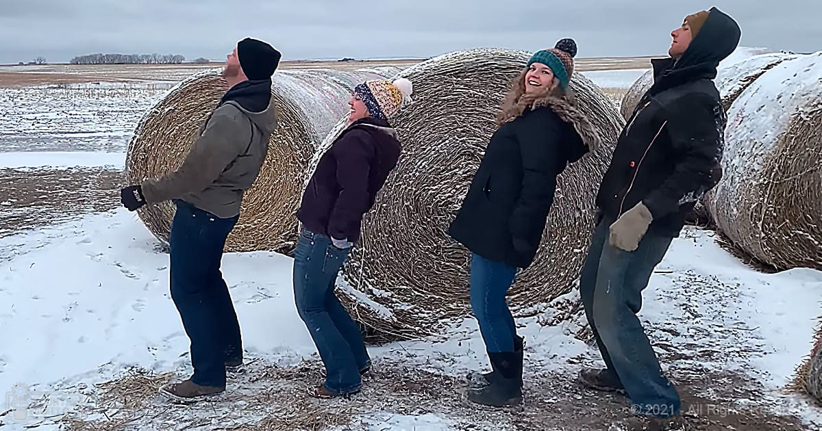 Four adults dressed warmly in a snowy field with hay bales, flat landscape under an overcast sky.