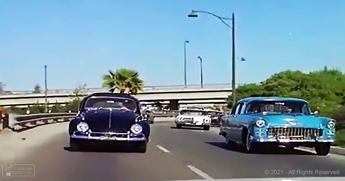 Two classic cars driving down a highway lined with palm trees and streetlights, under clear blue skies, suggesting a daytime summer scene.