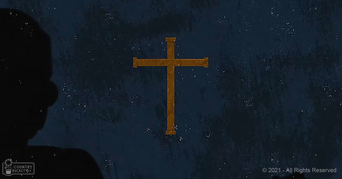 A silhouette of a person standing before a cross under a starry night sky, with dark blue and black tones dominating the scene