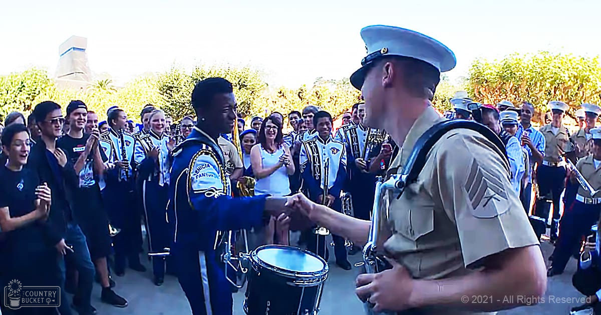 A musical performance in an outdoor park setting with diverse people wearing uniforms and casual clothing under natural daylight.