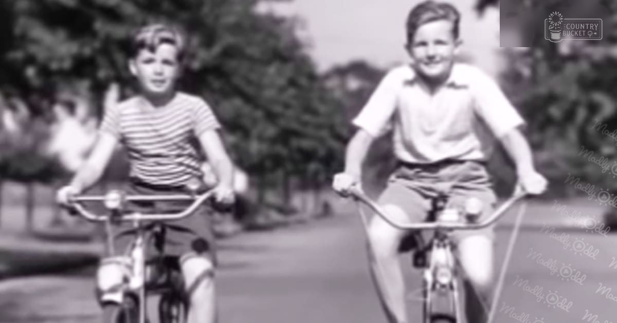 Two children riding bicycles in a park-like setting with trees and paved paths.