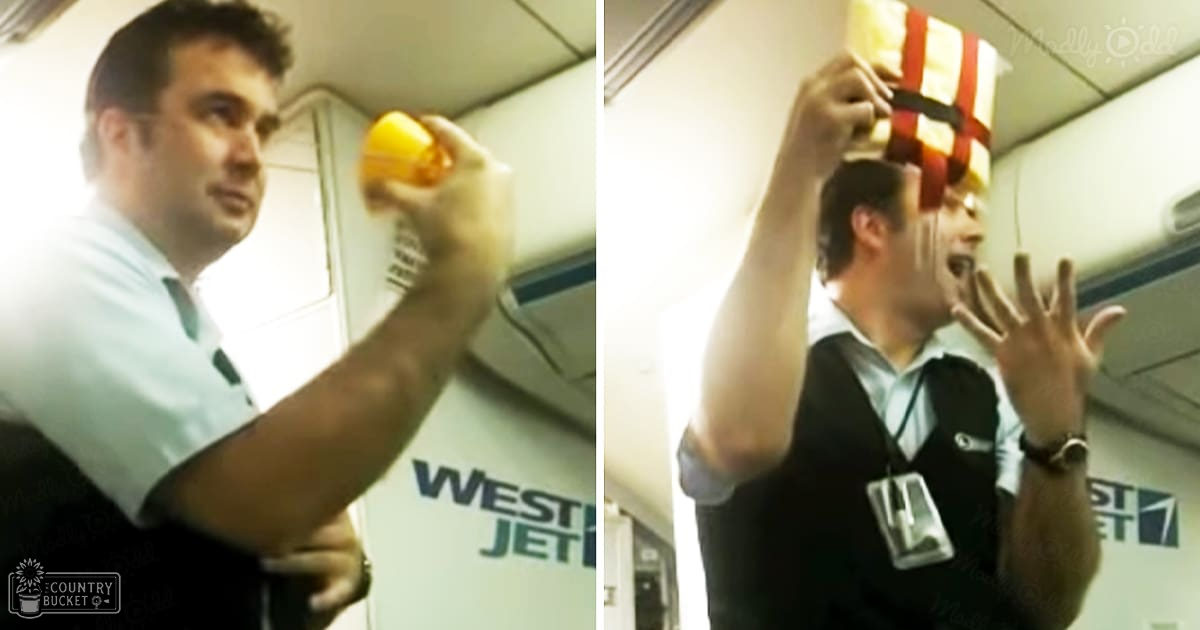 Two adults in an airplane cabin, dressed for flight duty; one holds a stress ball while the other demonstrates a safety helmet.