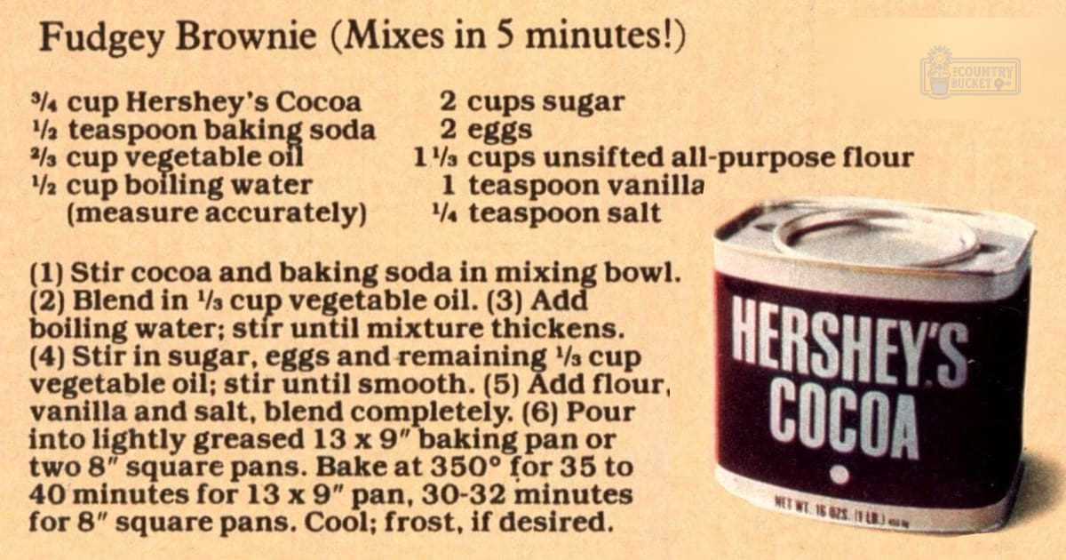 Indoor setting, vintage recipe book page with instructions for making fudgey brownies using Hershey's Cocoa.