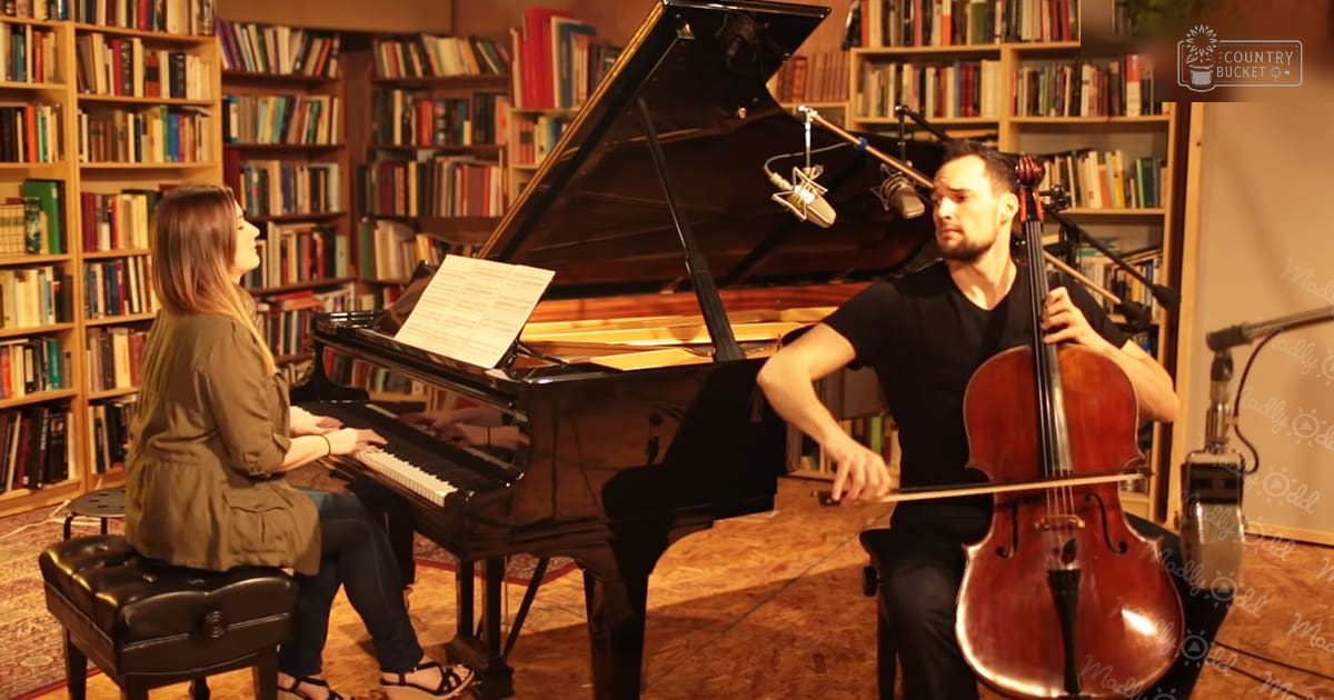 A cozy indoor library or study room setting with a grand piano, bookshelves filled with books, and two musicians performing.