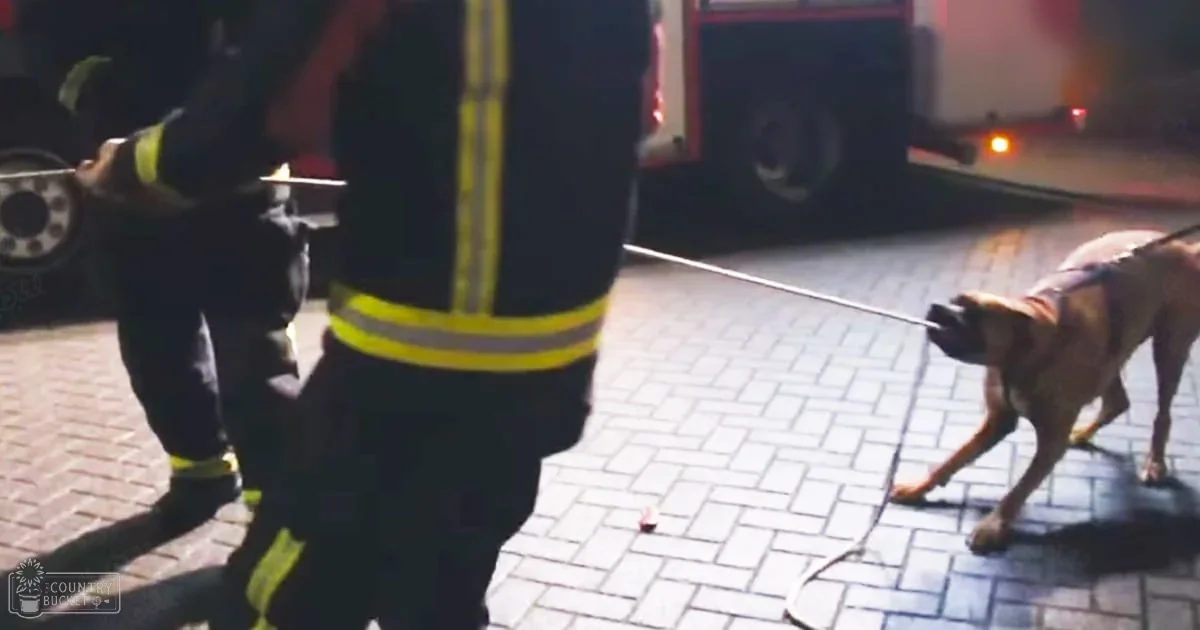 A firefighter wearing a dark-colored, high-visibility uniform with yellow reflective stripes stands in an urban setting with brick pavement and a fire truck visible. A fawn and white Boxer dog is present.