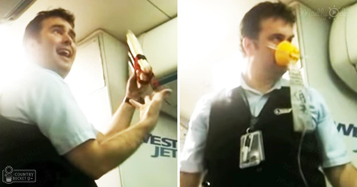 Two flight attendants in a WestJet airplane cabin, one wearing a light blue shirt with a dark green vest and holding scissors, the other in a similar outfit but with an ID badge. Bright artificial lighting illuminates the interior.
