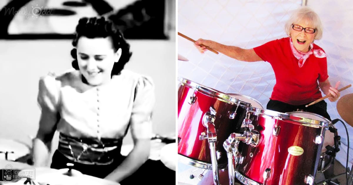 A young adult female plays drums in a historical setting, wearing a white blouse with puffed sleeves and dark skirt or pants. An older adult woman plays drums in a modern environment, dressed in a red short-sleeved shirt and pink scarf.