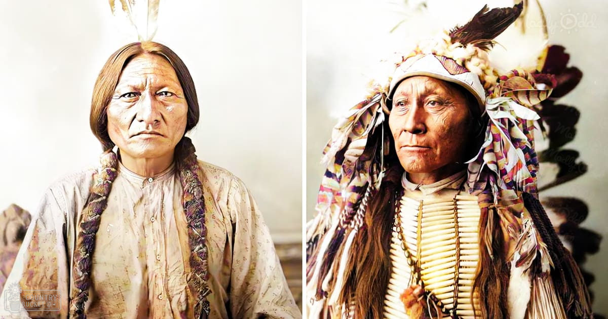 Two older adult Native American men wearing traditional attire, likely from a historical site, with plain backgrounds suggesting studio portraits.