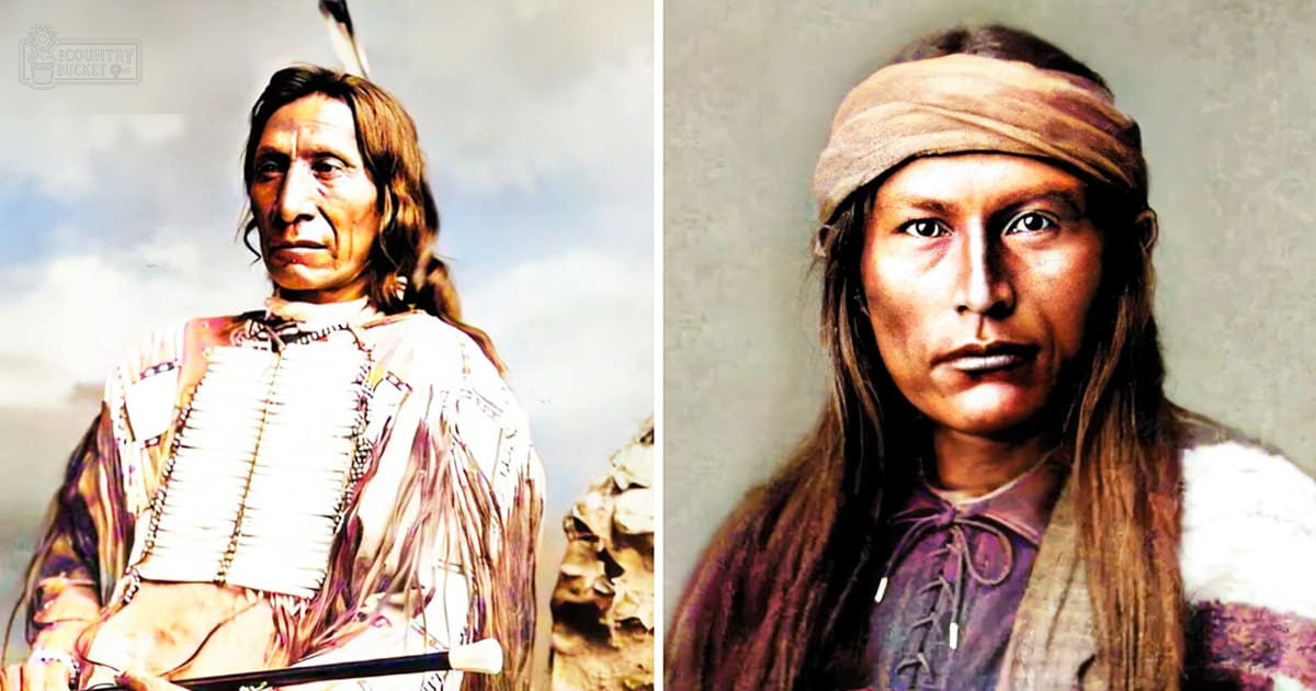 Two Native American adults, one in a white patterned and feathered traditional outfit with long sleeves, the other wearing a headband and light-colored upper garment with darker lower part, against natural outdoor settings and an indoor plain wall backdrop; dominant colors: white, brown, black, purple.