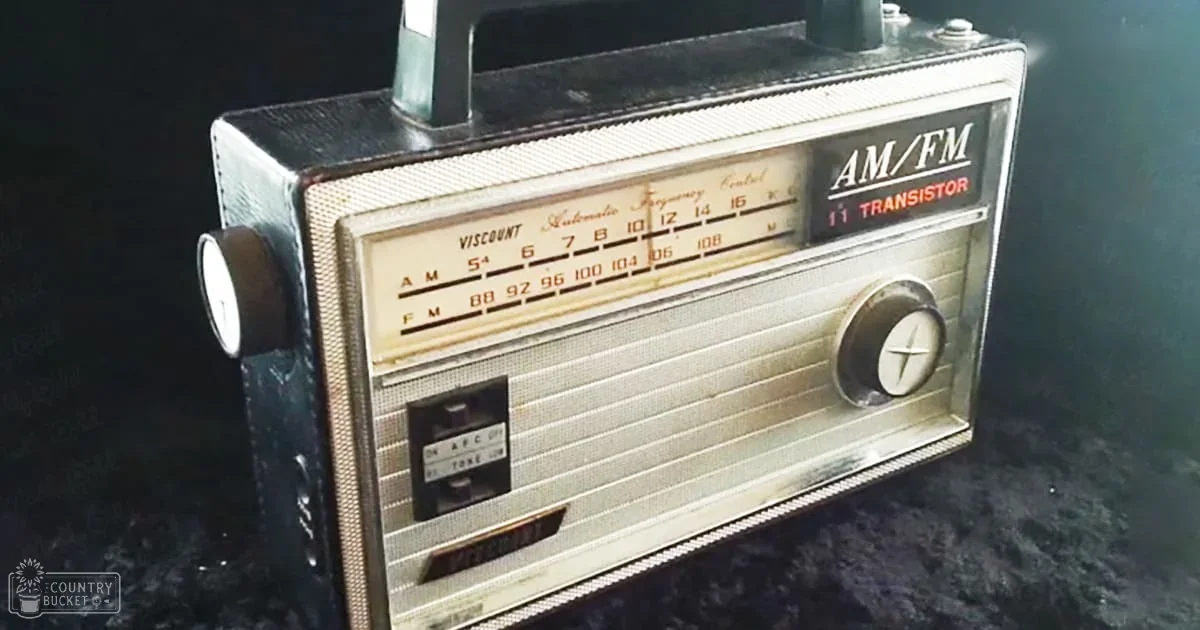 An old-fashioned AM/FM transistor radio with a 'Viscount Automatic Frequency Control' label indoors