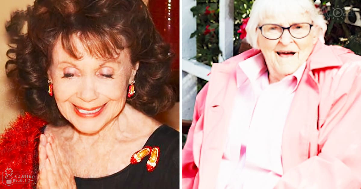 Older adult female wearing a red sequined jacket with black top and earrings, indoors; older adult female in pink jacket over white shirt outdoors, possibly garden or patio area during daytime.