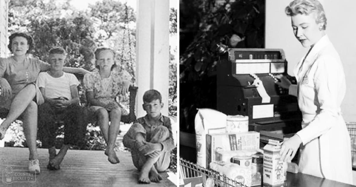 A family of four sitting outdoors on a sunny day, wearing casual summer attire with floral and patterned garments; an adult female in a white dress stands indoors near a cash register filled with packaged goods.