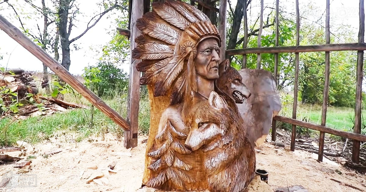 Native American with wolves wood art created entirely with chainsaw