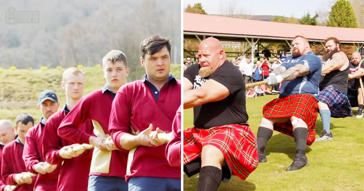 A Highland Games event in Scotland with young adults and adult men participating in traditional Scottish sports, surrounded by natural landscapes under clear skies.