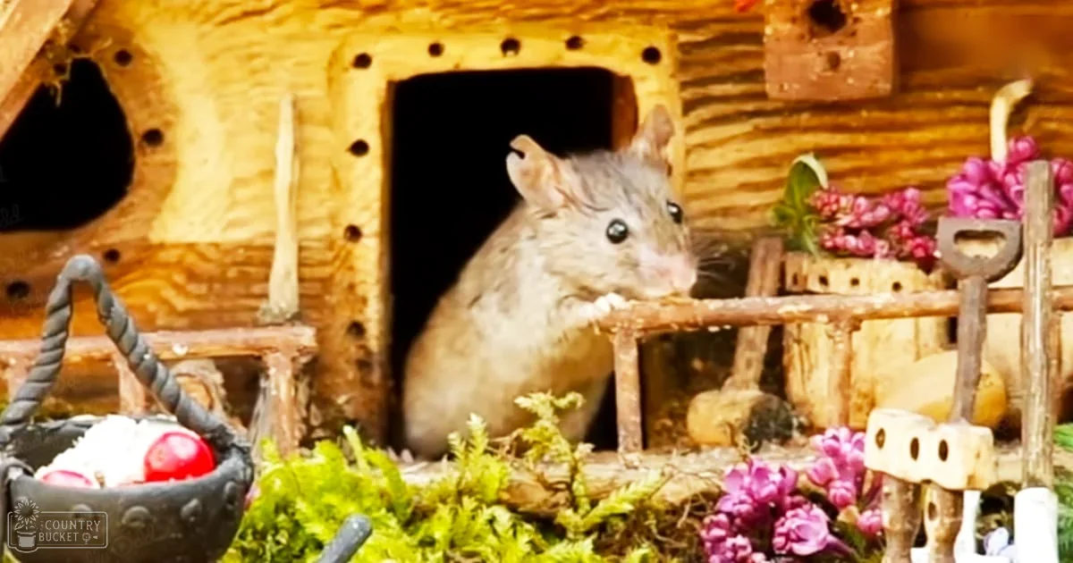 A mouse with light brown fur and small black eyes stands amidst a miniature garden setting with purple flowers, red berries or eggs in a basket, green moss, and wooden structures.
