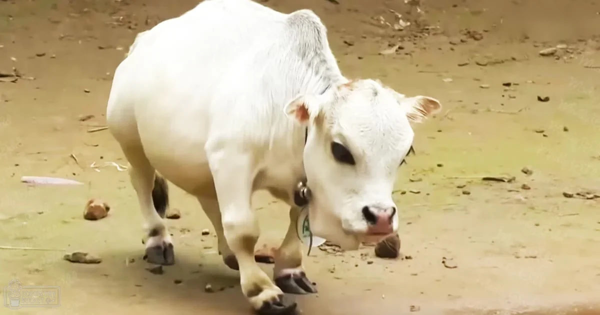 A white cow with a bell around its neck stands on a dirt ground in a rural setting under natural daylight.