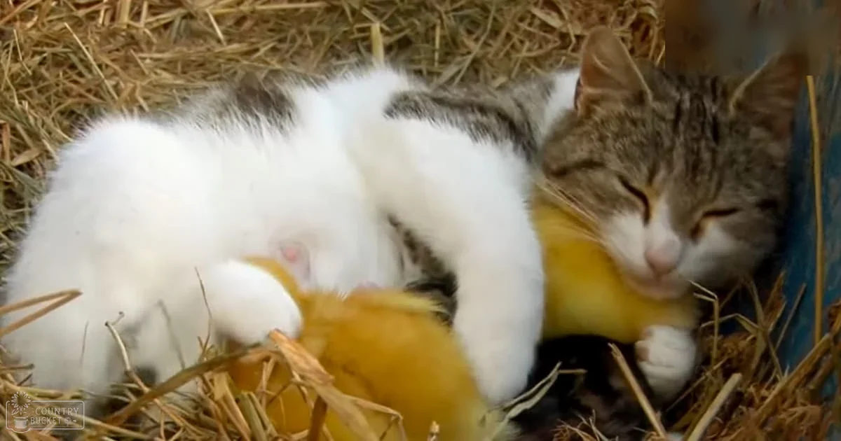 A relaxed white and dark-marked cat with a kitten in a rural, outdoor setting under soft daylight.