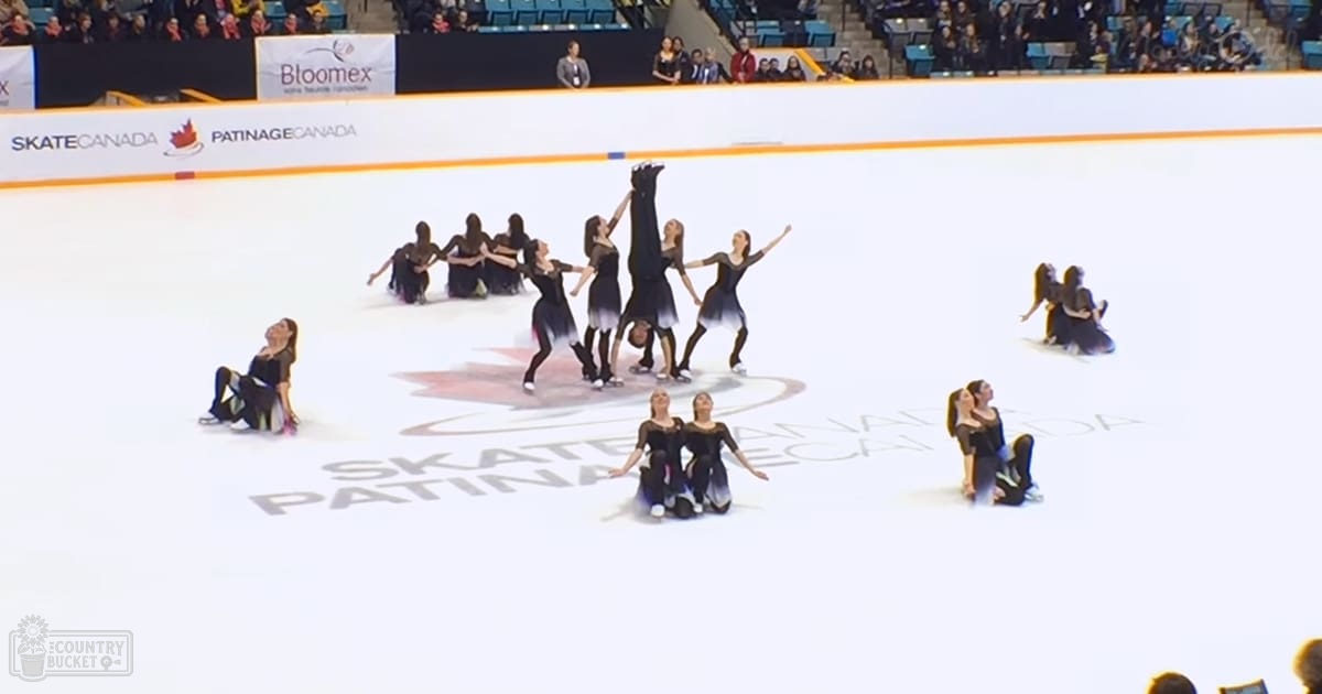 A synchronized skating team performing at an indoor ice rink, dressed in black dresses with white accents, during a competition or exhibition event.