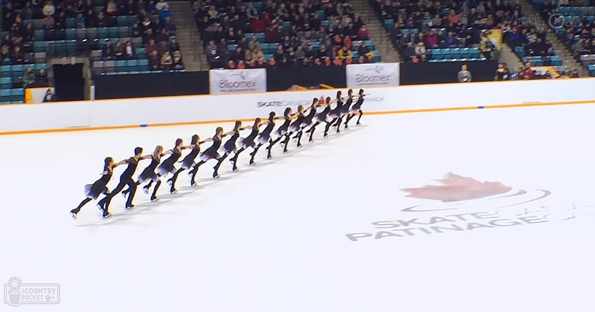 A synchronized skating team performing at an indoor ice rink, with young adult female skaters wearing black figure skating dresses and ice skates. The performance takes place in a well-lit arena.