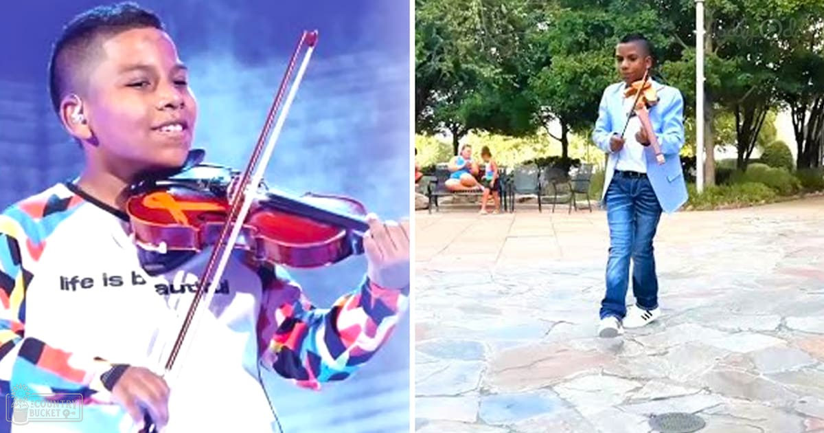 A young boy playing the violin in two different settings: an indoor stage with blue lighting and an outdoor park-like area with greenery.