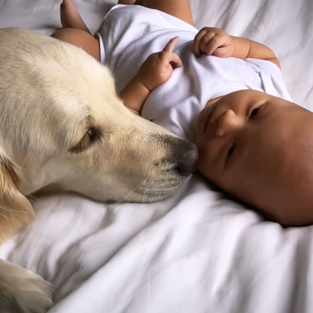 An infant male in a white sleeveless shirt lying next to an adult golden retriever or similar breed on a white bedspread, with natural daylight illuminating the scene.