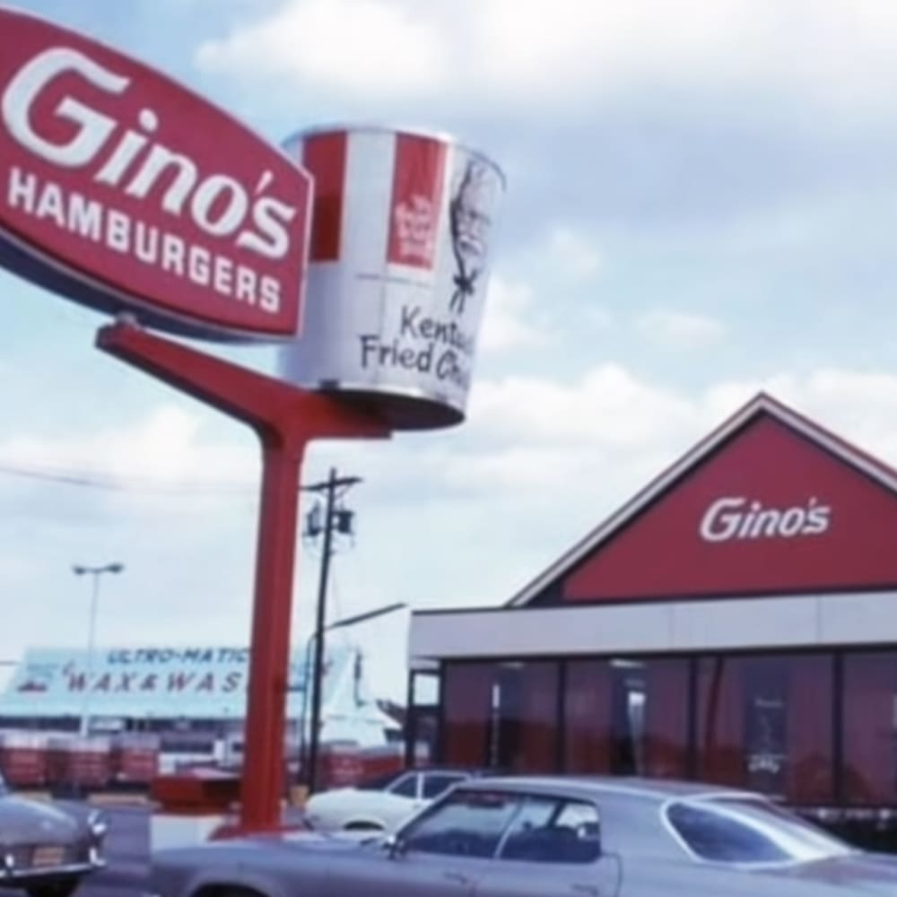 A suburban area with Gino's Hamburgers, a restaurant with a red roof and white walls, a bucket-shaped water tower resembling KFC, parked cars in front of the building, other nearby structures including an 'ULTRA-MATIC WAX & WAS' sign, partly cloudy sky suggesting late spring or early fall, natural daylight