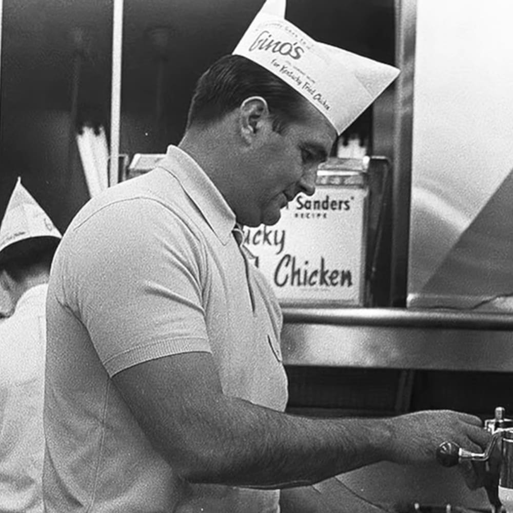 A middle-aged man wearing a light-colored polo shirt with 'Kentucky Chicken' printed on it stands in what appears to be an indoor restaurant kitchen setting, with another child partially visible, wearing a paper hat and a light shirt.