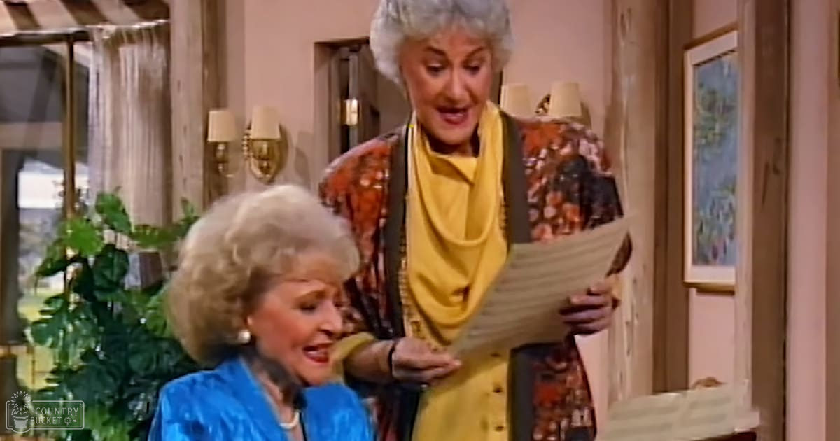 Two older adult females in a home setting with natural light streaming through a window, wearing 1970s-style clothing including a shiny blue jacket and patterned dress.